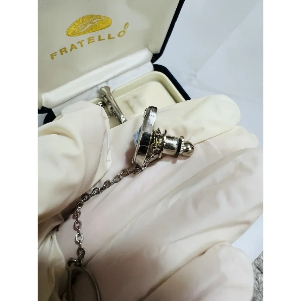 Vintage Fratello Cufflinks & Tie Bar Set Silver Tone Blue Accent Classic Elegant